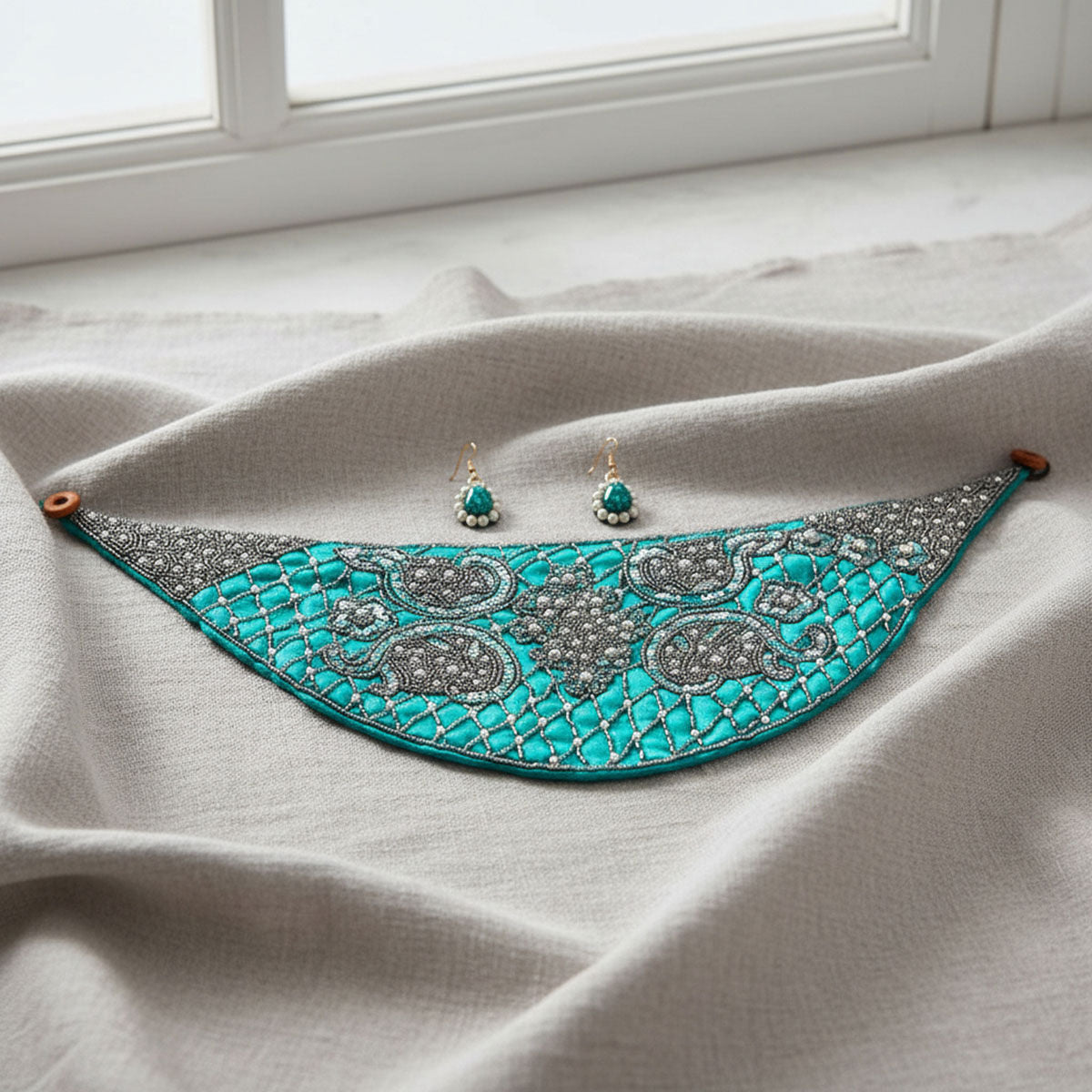 Handmade Teal Satin Scarf Necklace Set