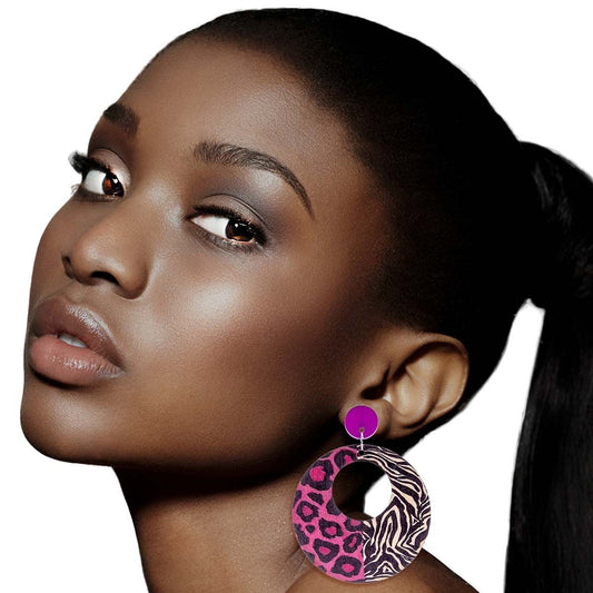 Fuchsia Wood Animal Print Earrings