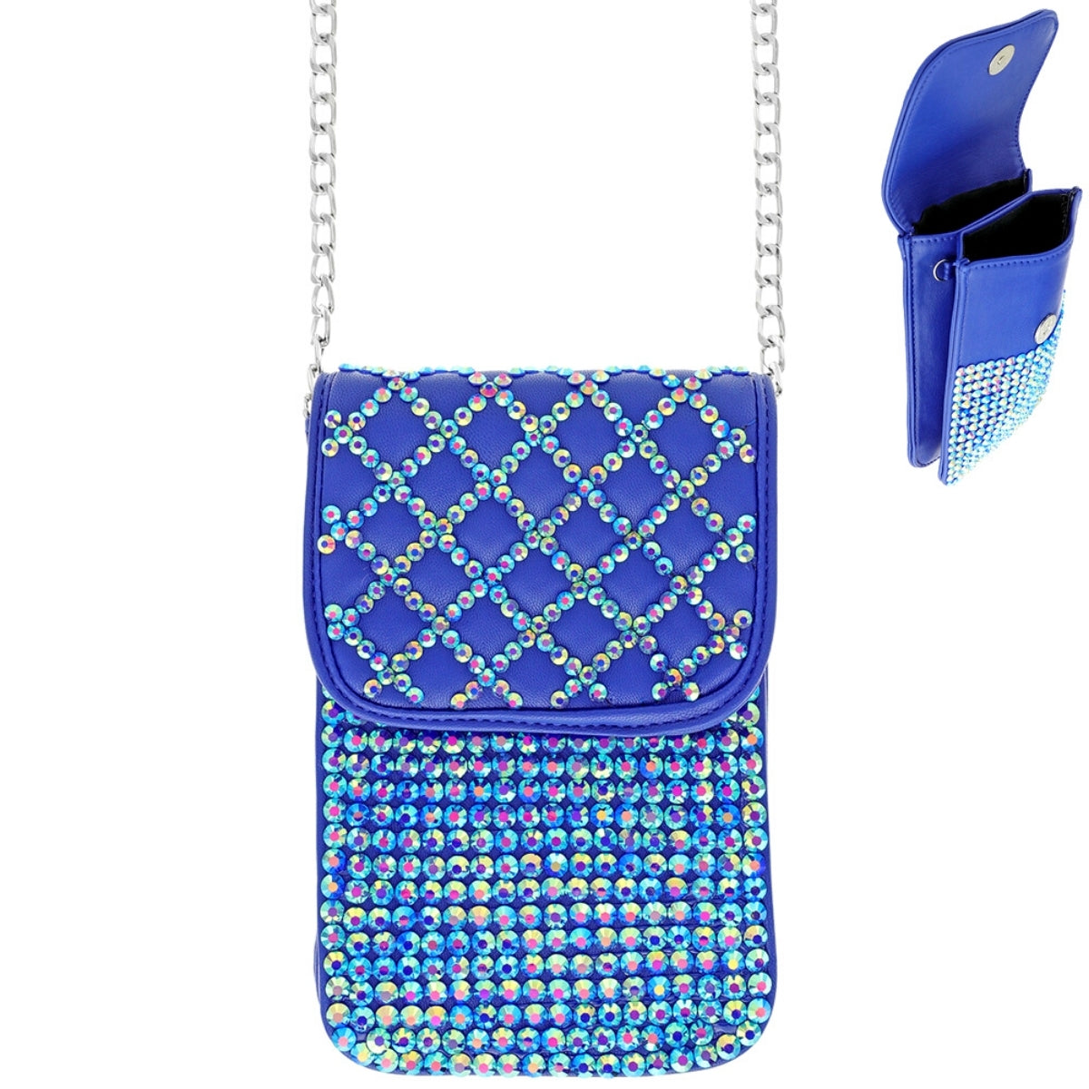 Royal Blue Quilted Rhinestone Cellphone Bag