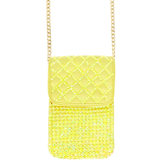 Yellow Quilted Rhinestone Cellphone Bag