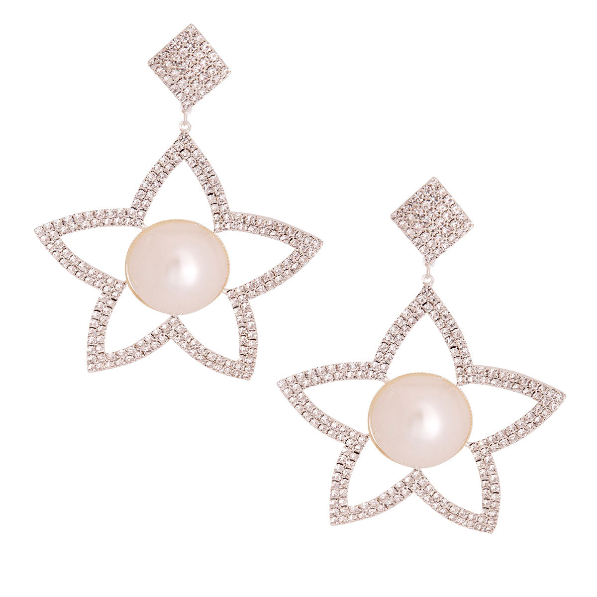 White Pearl and Stone Star Earrings