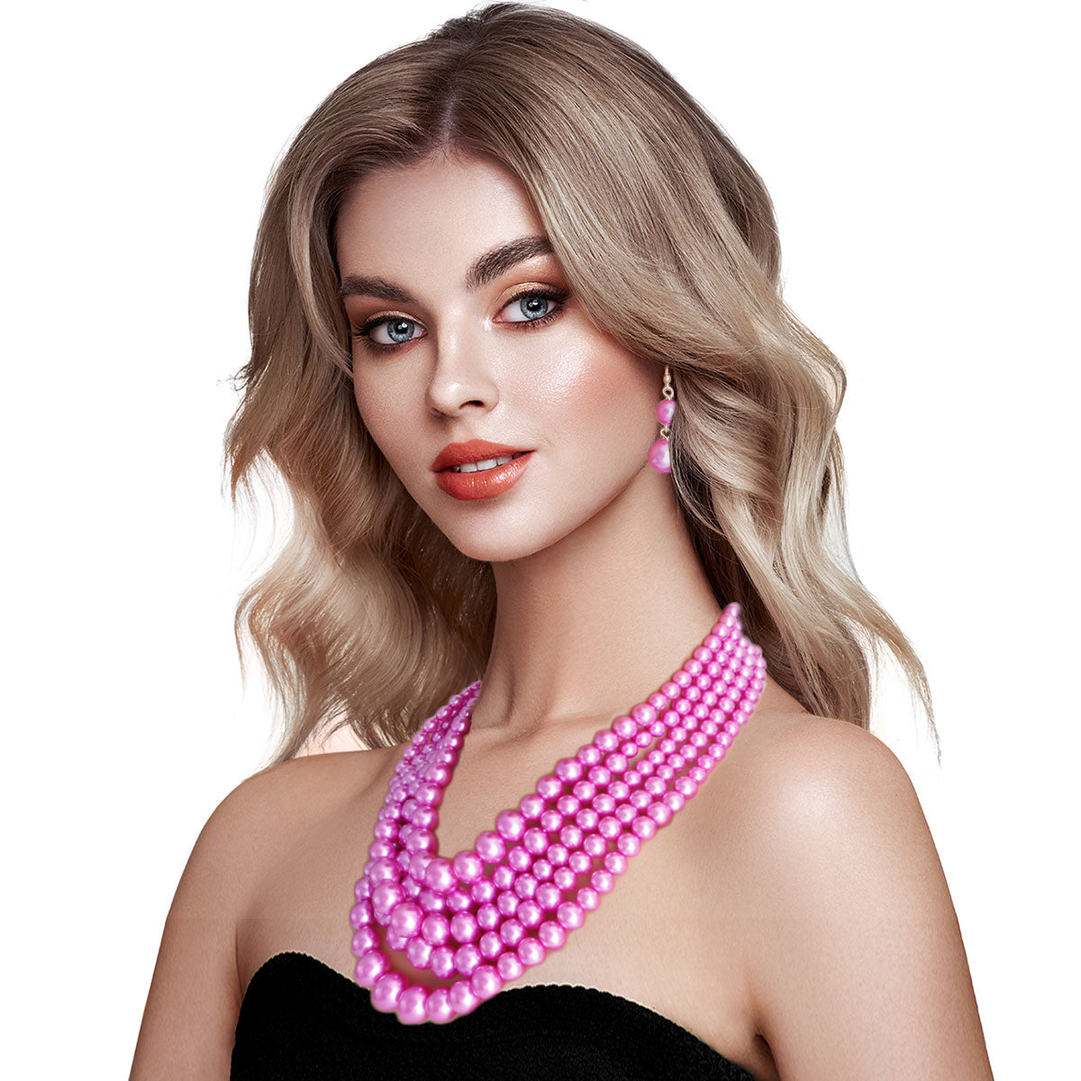 Hot Pink Pearl Multi Strand Necklace Set