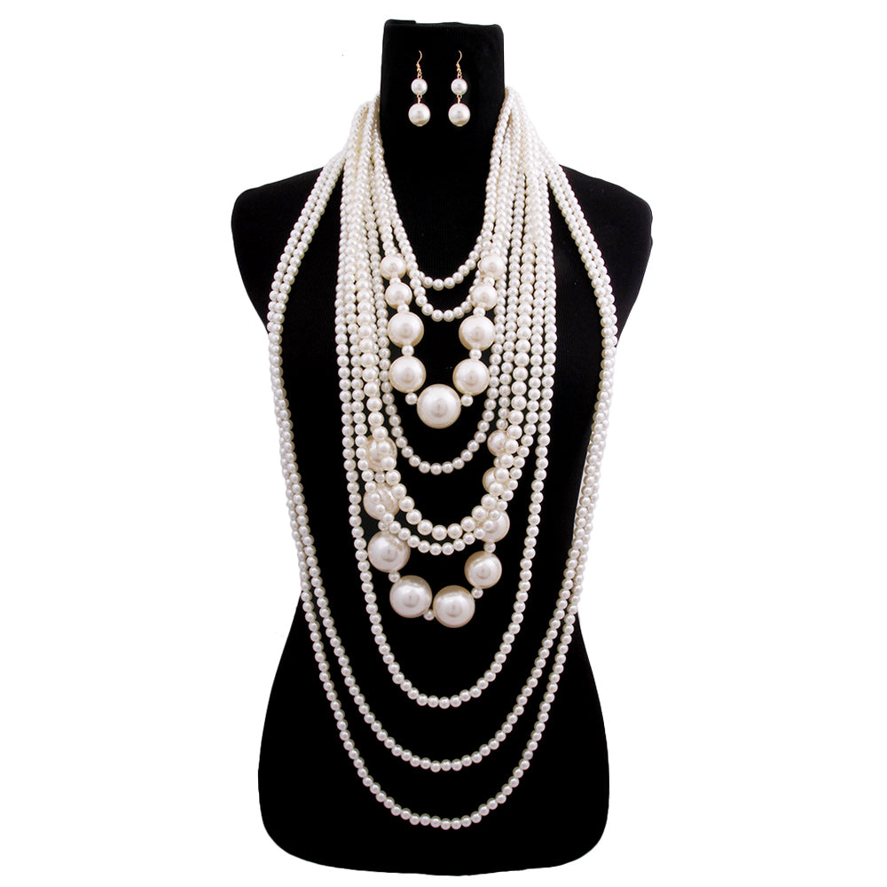 Long Chunky Cream Pearl Layered Necklace Set