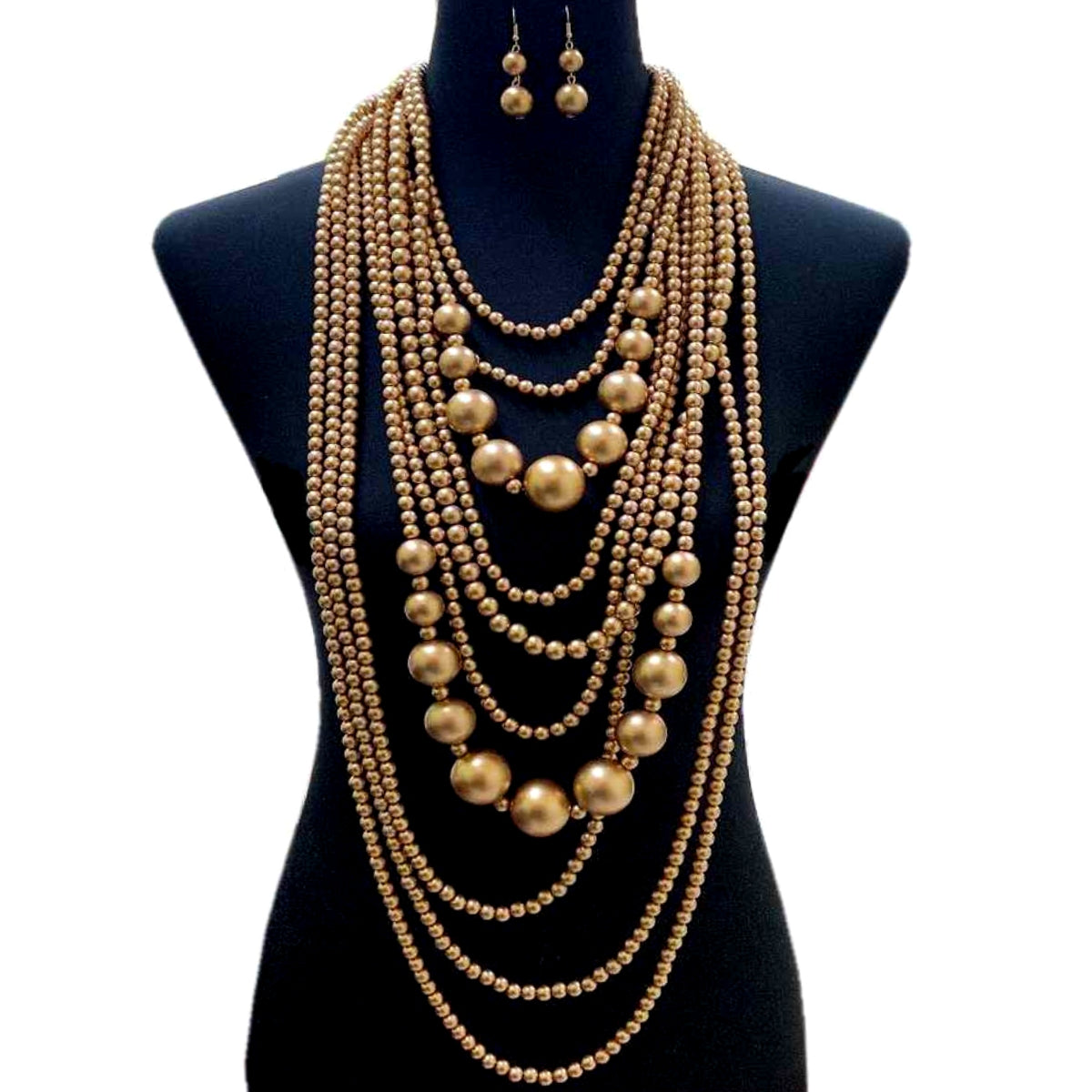 Long Gold Pearl Necklace Set