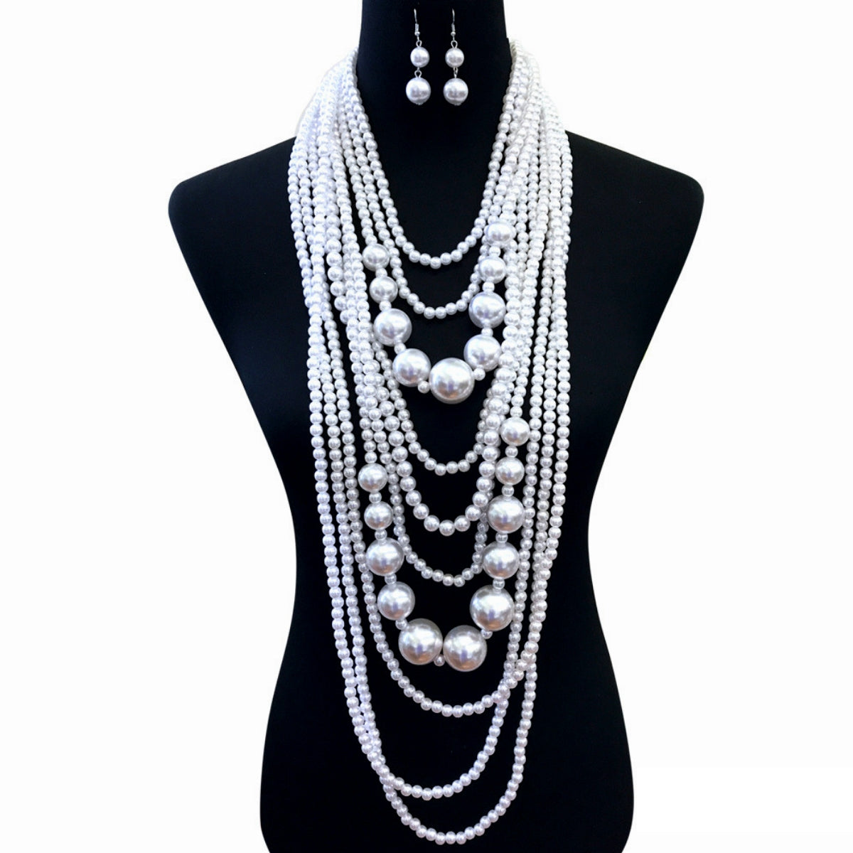 Long White Pearl Necklace Set