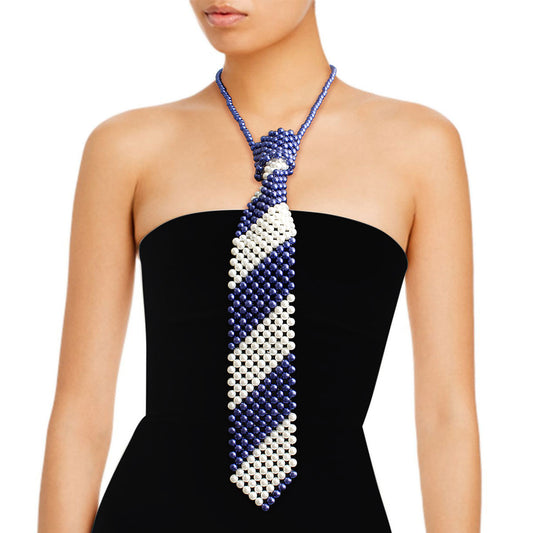 Blue White Pearl Stripe Tie Choker