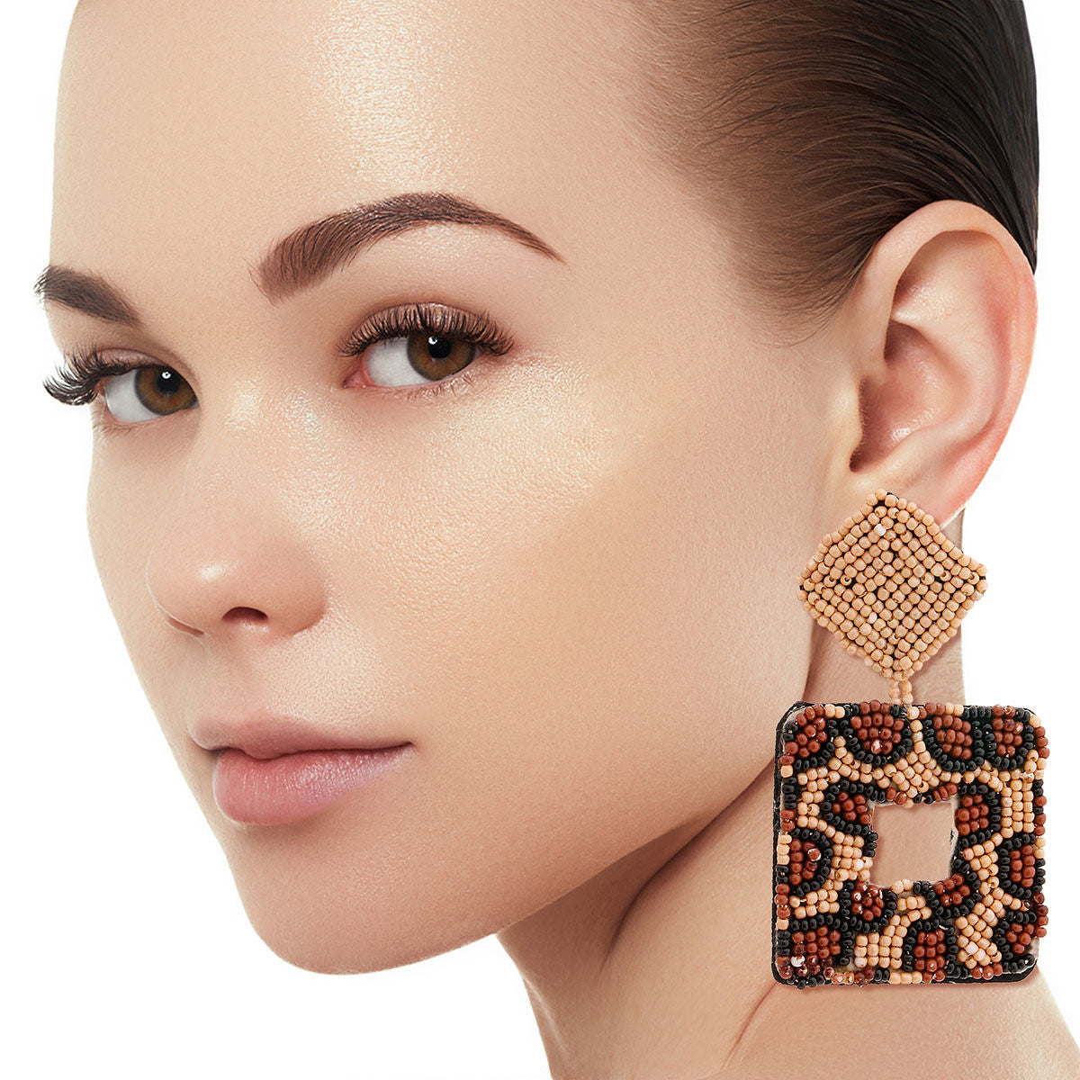 Leopard Beaded Square Earrings