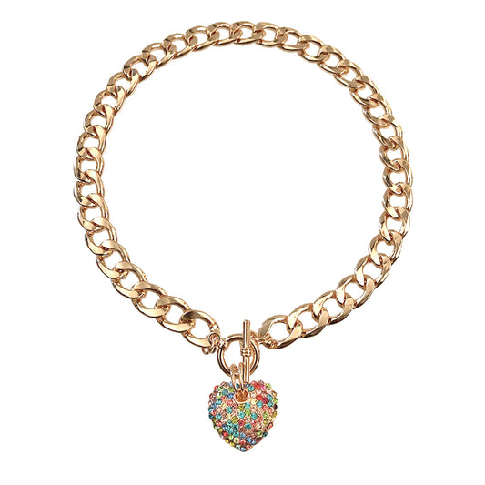 Multicolored Rhinestone Heart Toggle Necklace