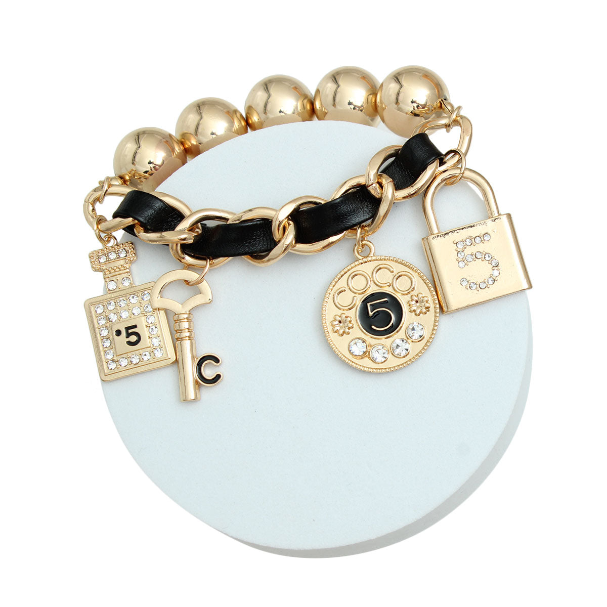 Gold Ball Black Designer 5 Charm Bracelet