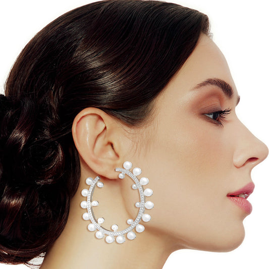 Silver Pearl and Stone Hoops