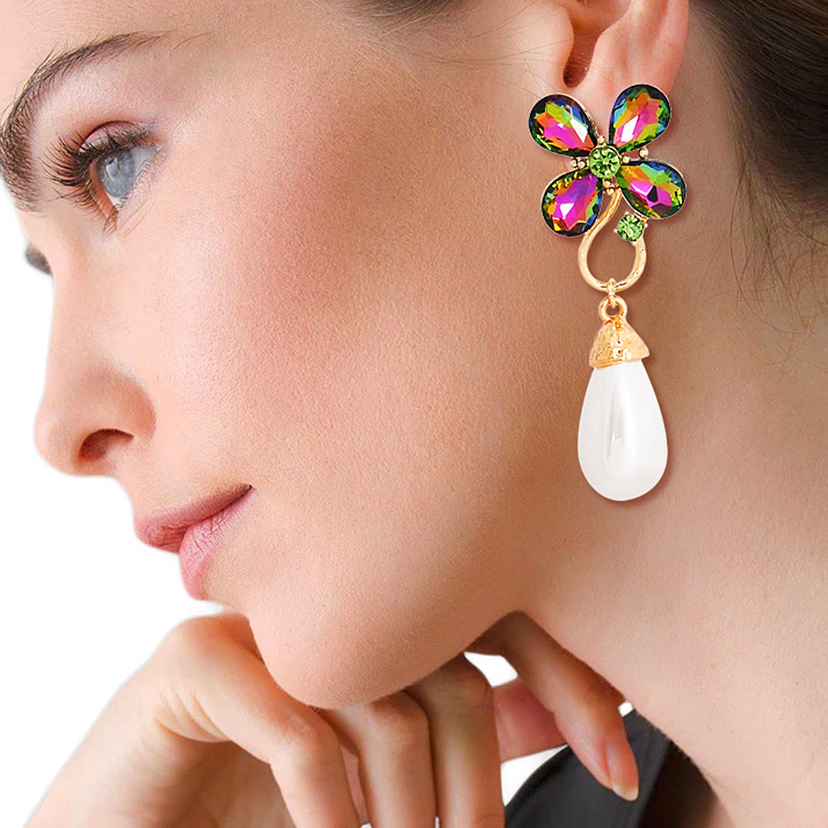 Pink Green Flower Pearl Teardrop Earrings