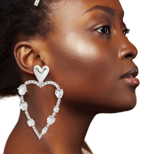 Silver Skinny Heart Stone Earrings