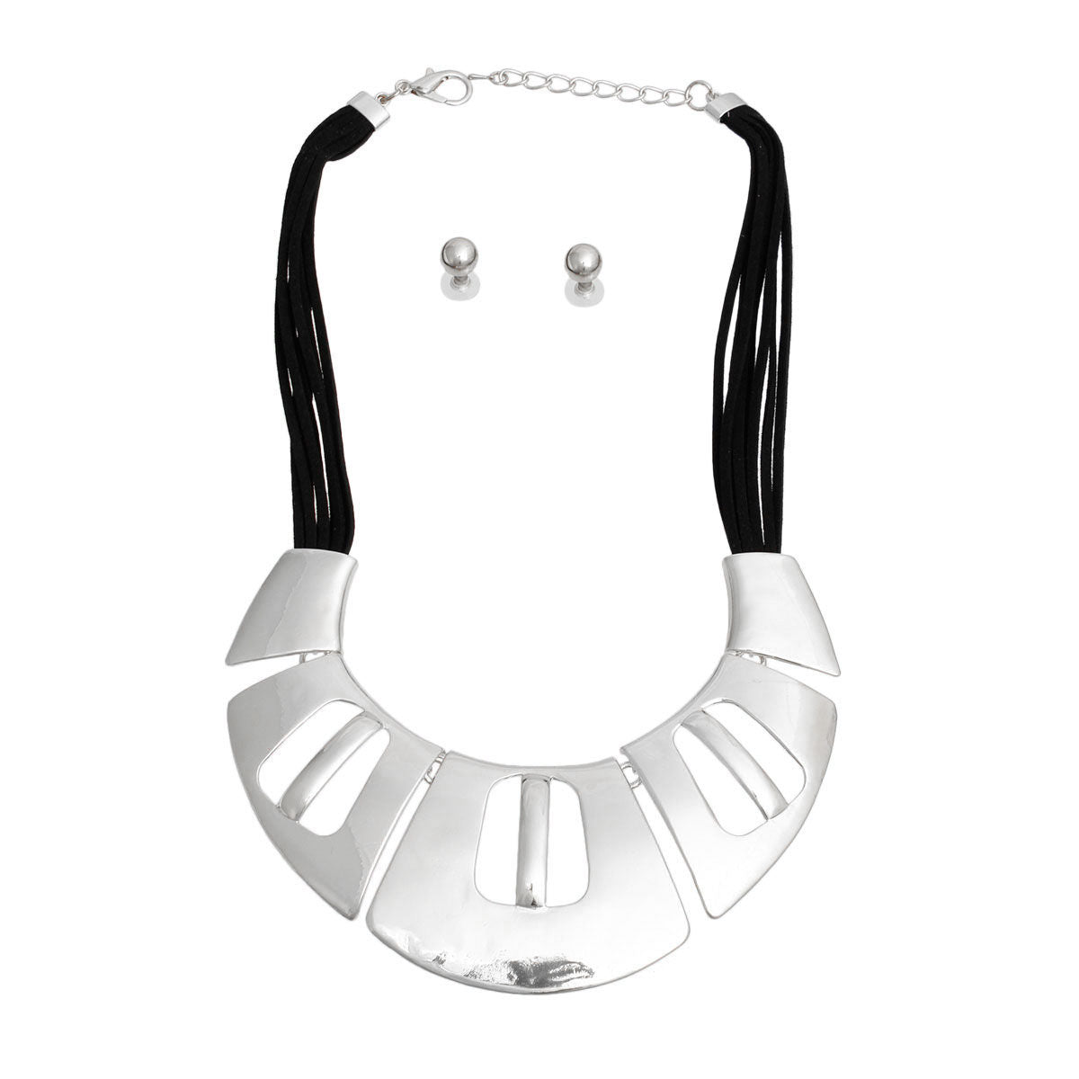 Black Leather Silver Collar Set