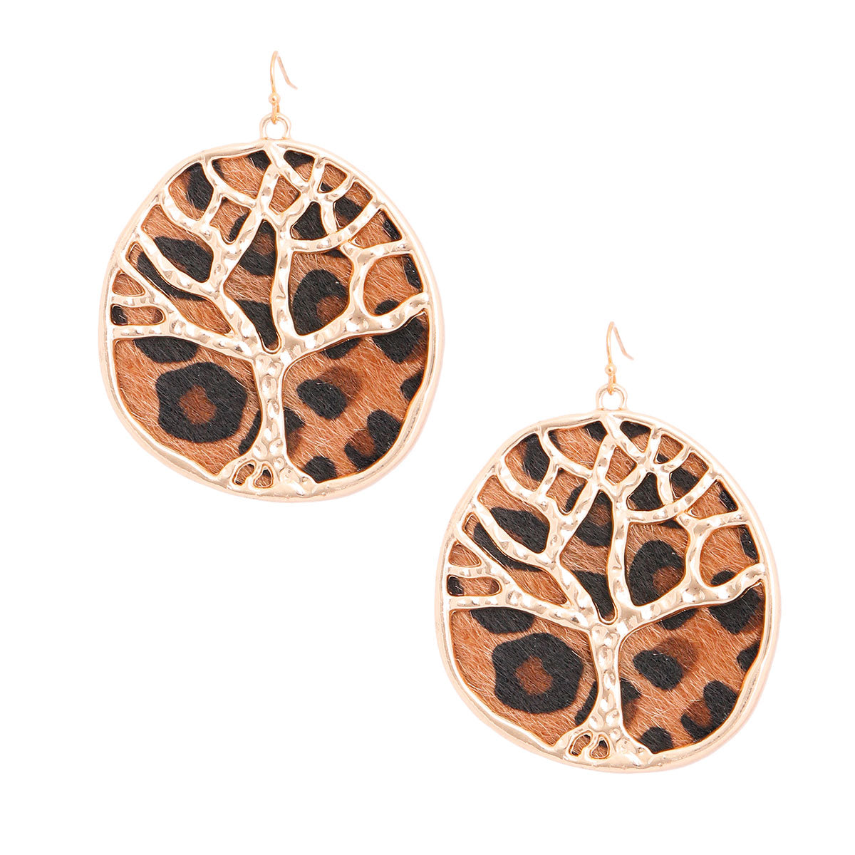 Brown Leopard Fur Tree of Life Earrings