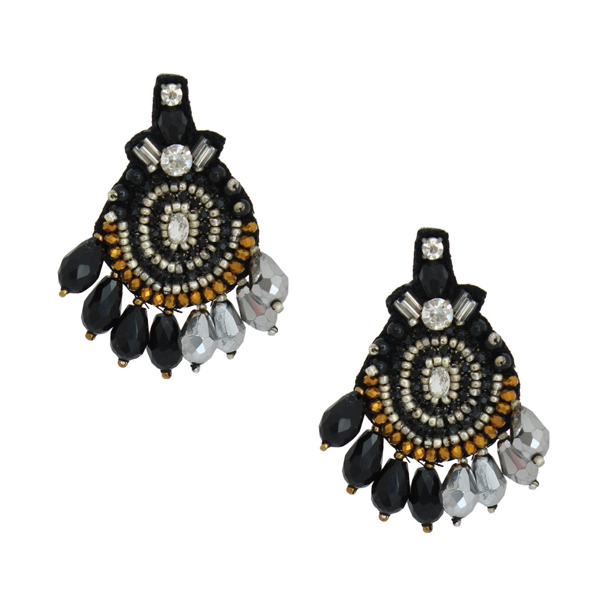 Embroidered Black Teardrop Bead Earrings