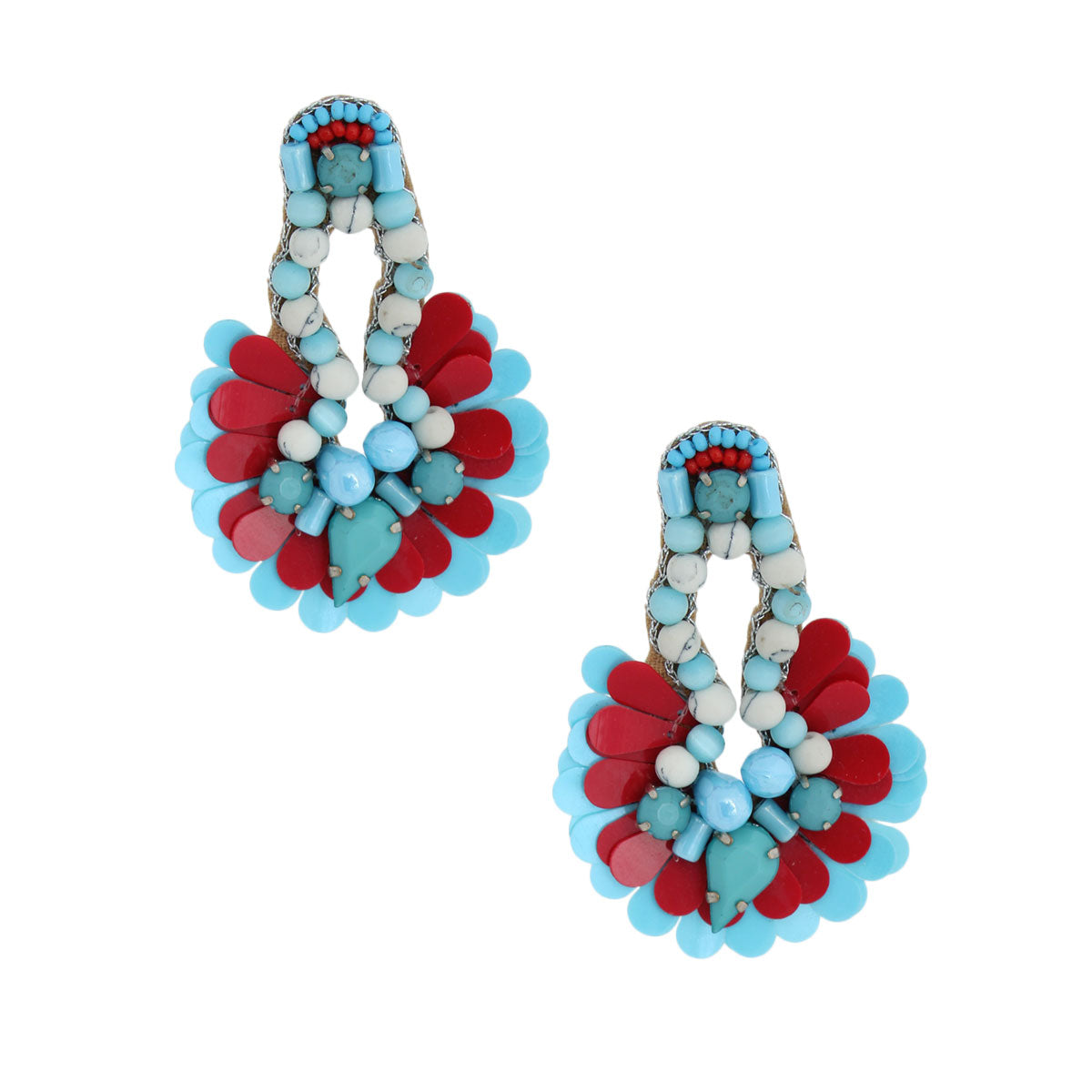 Blue Beaded Sequin Fan Tassel Earrings