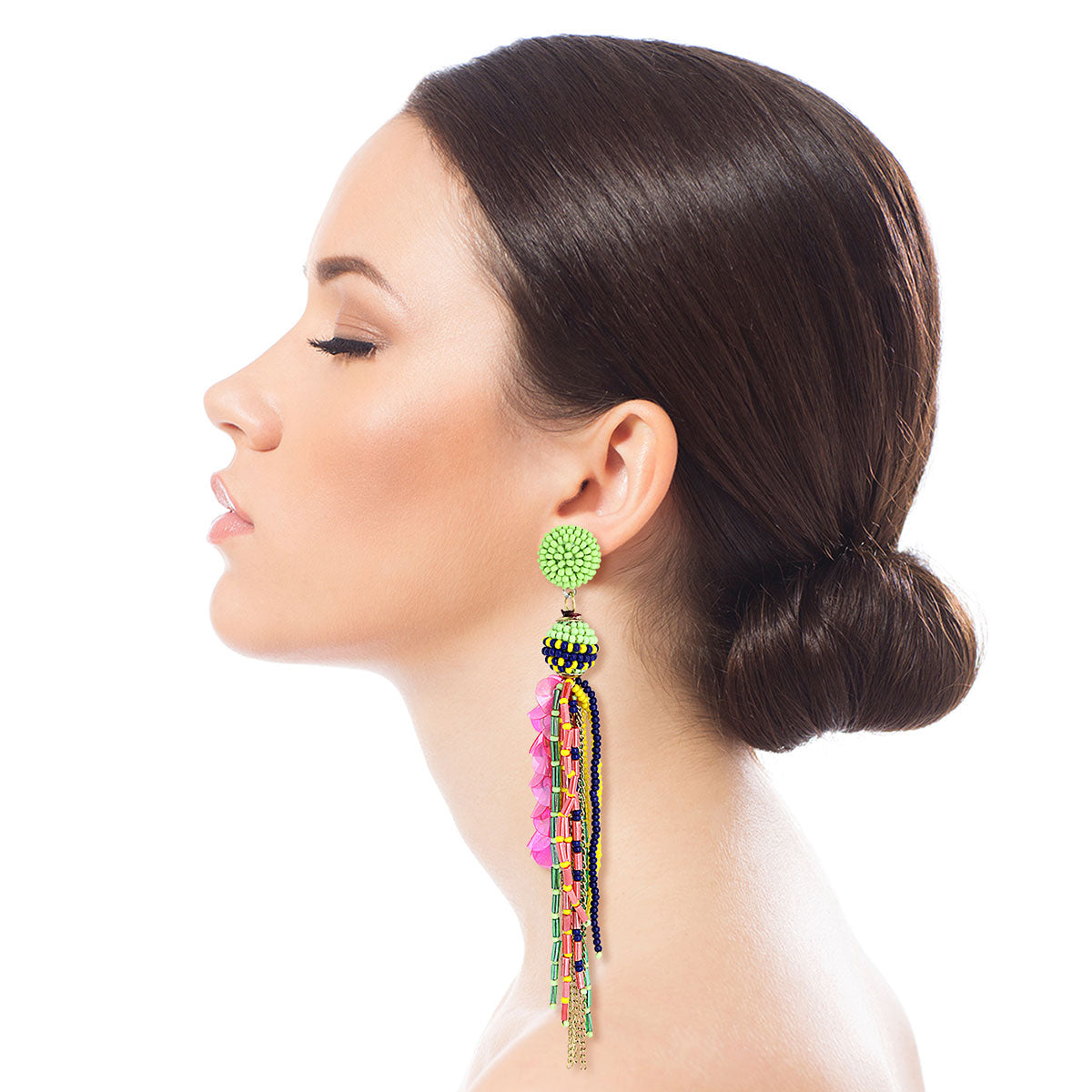 Multi Color Beaded Tassel Ball Earrings