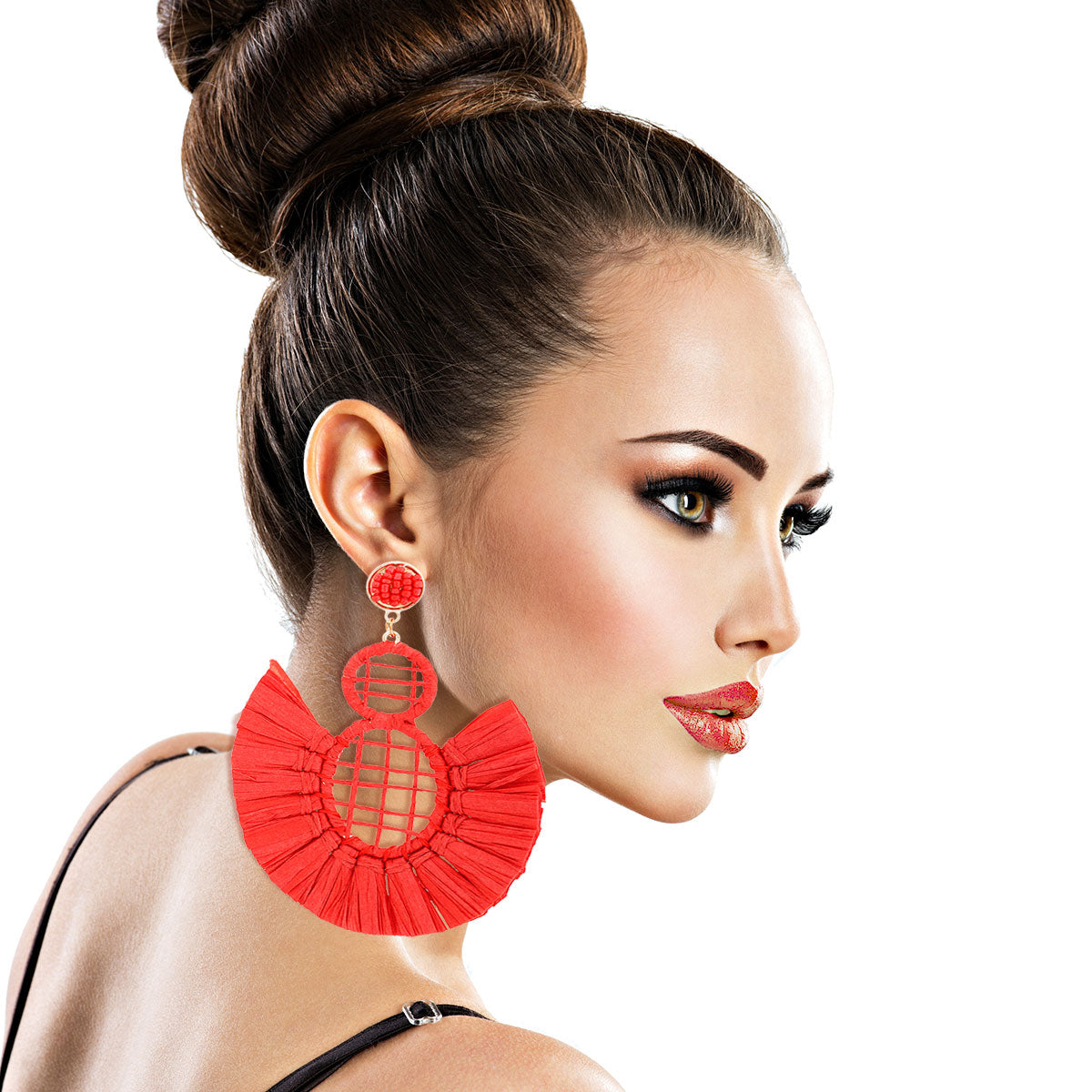 Red Woven Raffia Tassel Earrings