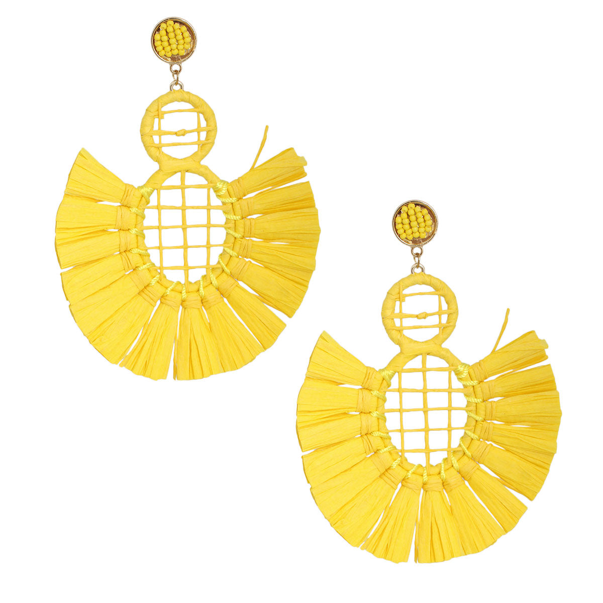 Yellow Woven Raffia Tassel Earrings