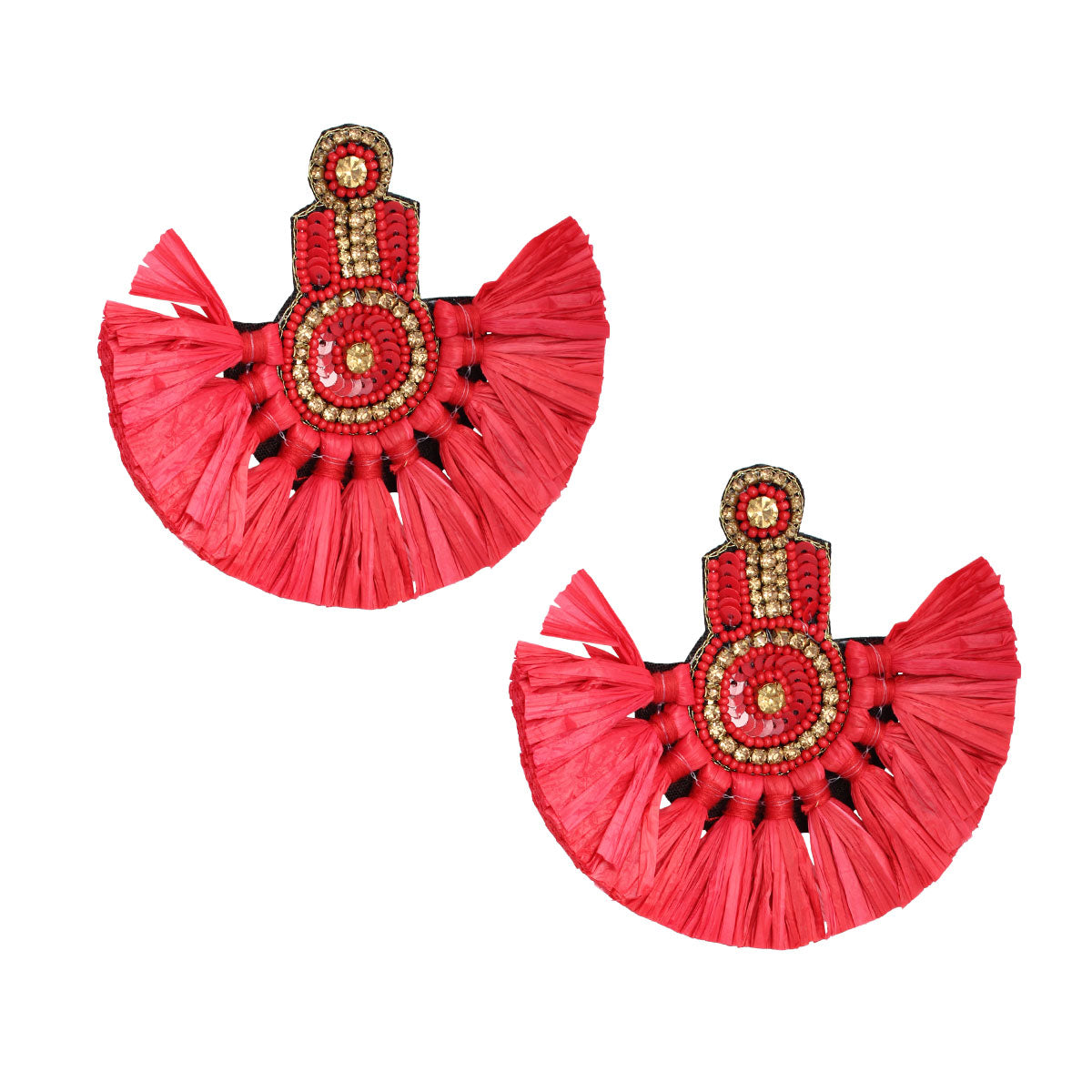Red Raffia Fan Tassel Beaded Earrings