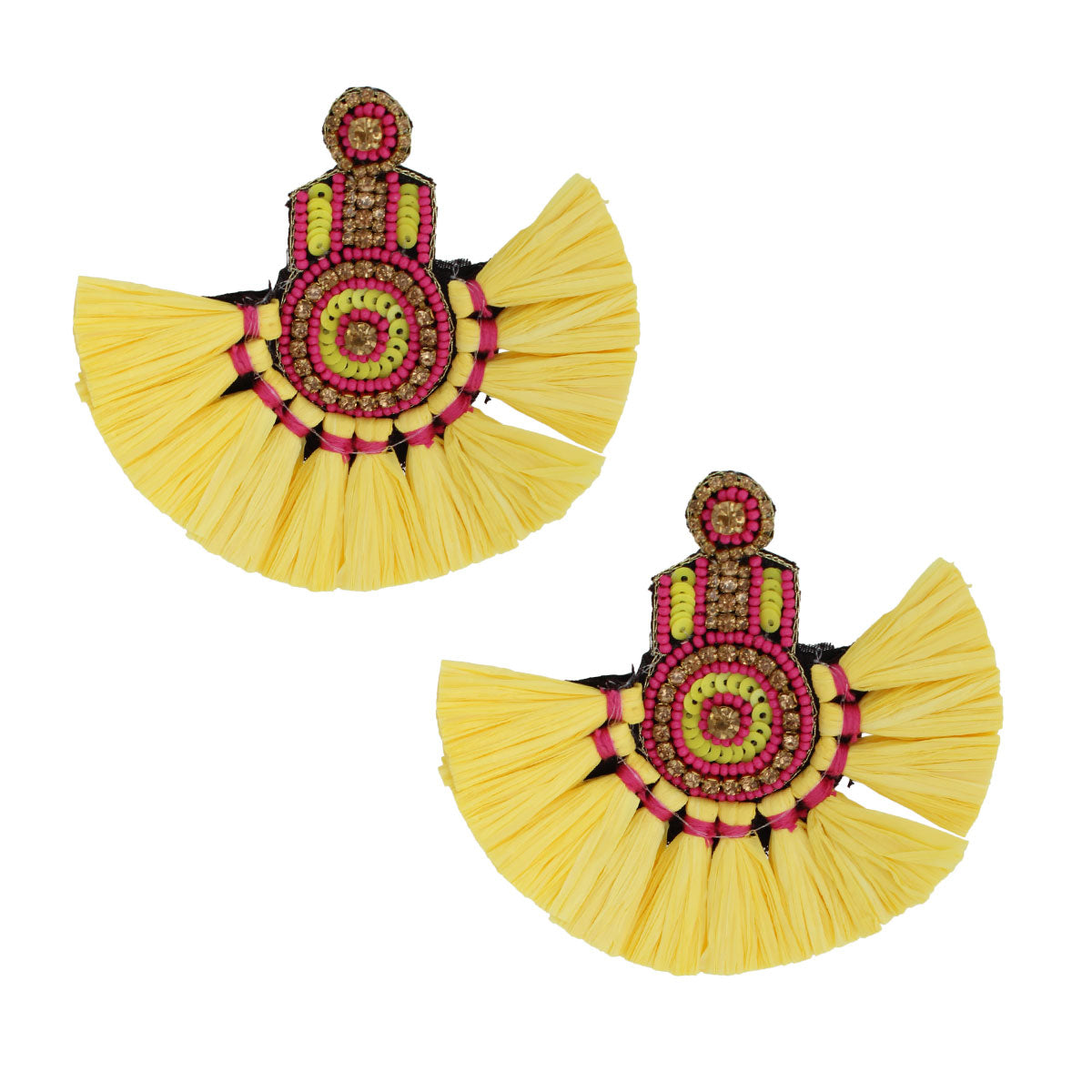 Yellow Raffia Fan Tassel Beaded Earrings