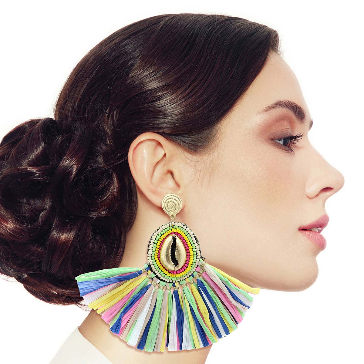 Multi Color Raffia Fan Tassel Shell Earrings
