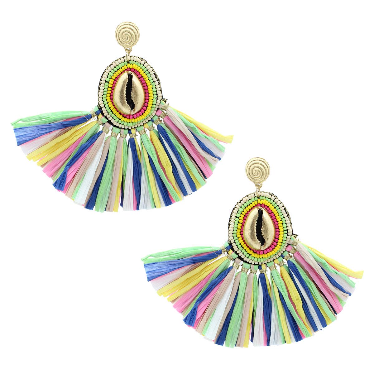 Multi Color Raffia Fan Tassel Shell Earrings
