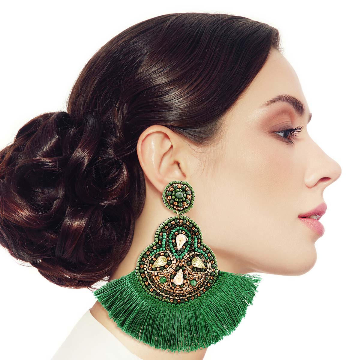 Green Fan Embroidered Bead Earrings