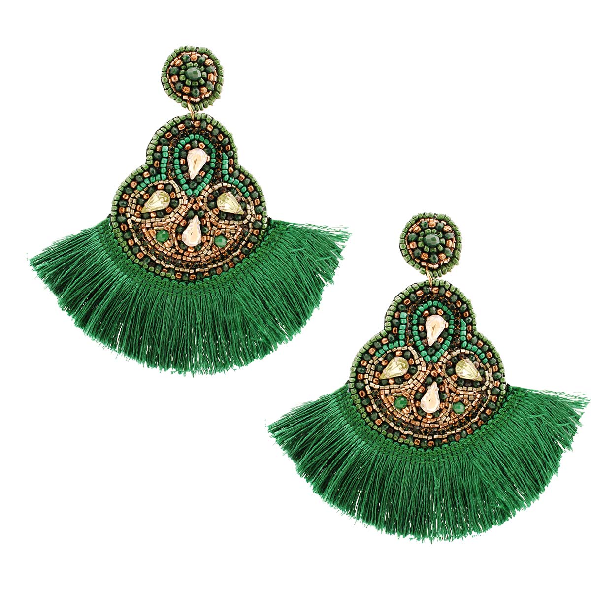Green Fan Embroidered Bead Earrings
