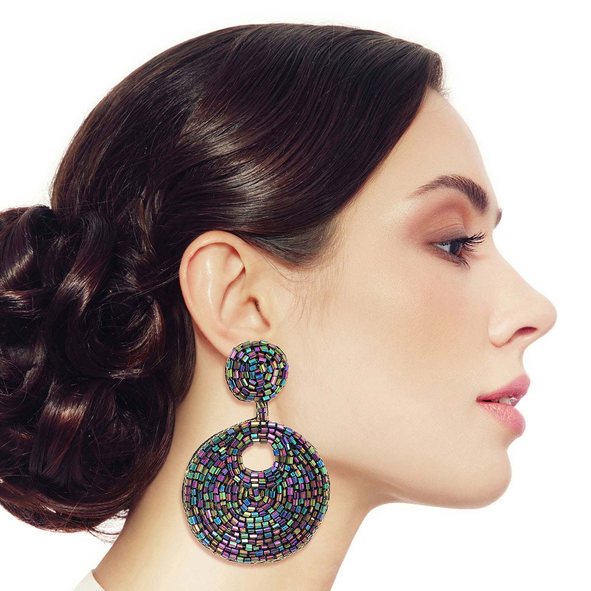 Dark Iridescent Bead Circle Earrings