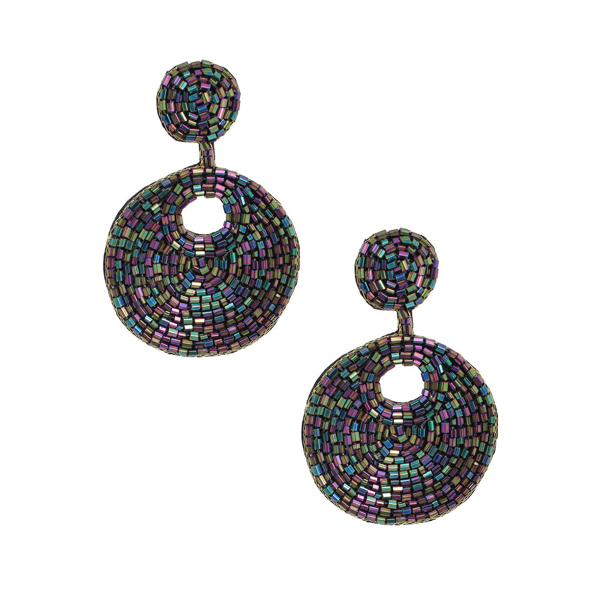 Dark Iridescent Bead Circle Earrings