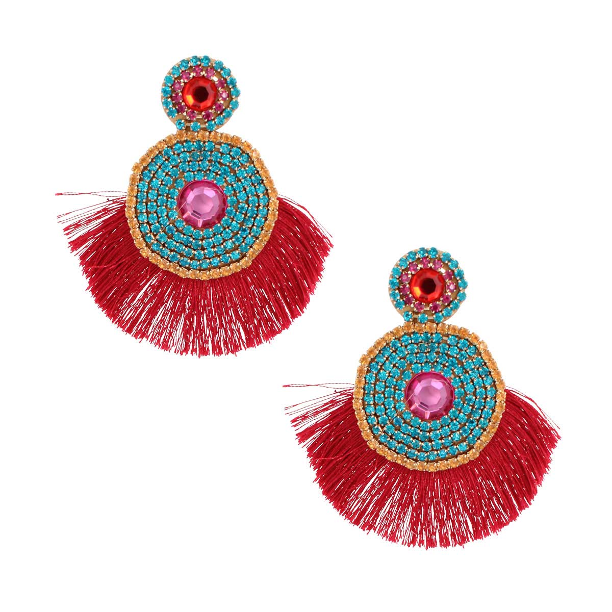 Red Tassel Rhinestone Circle Earrings