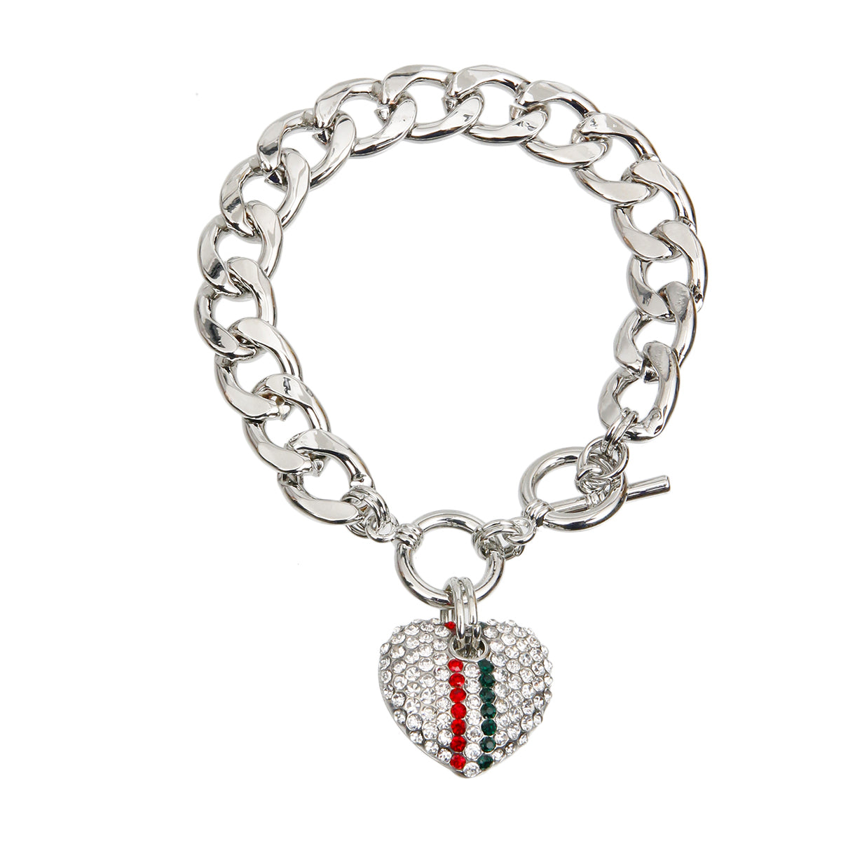 Designer Style Red and Green Rhinestone Striped Heart Toggle Bracelet