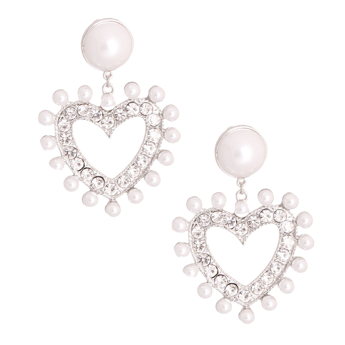 Silver Dangling Pearl Heart Earrings