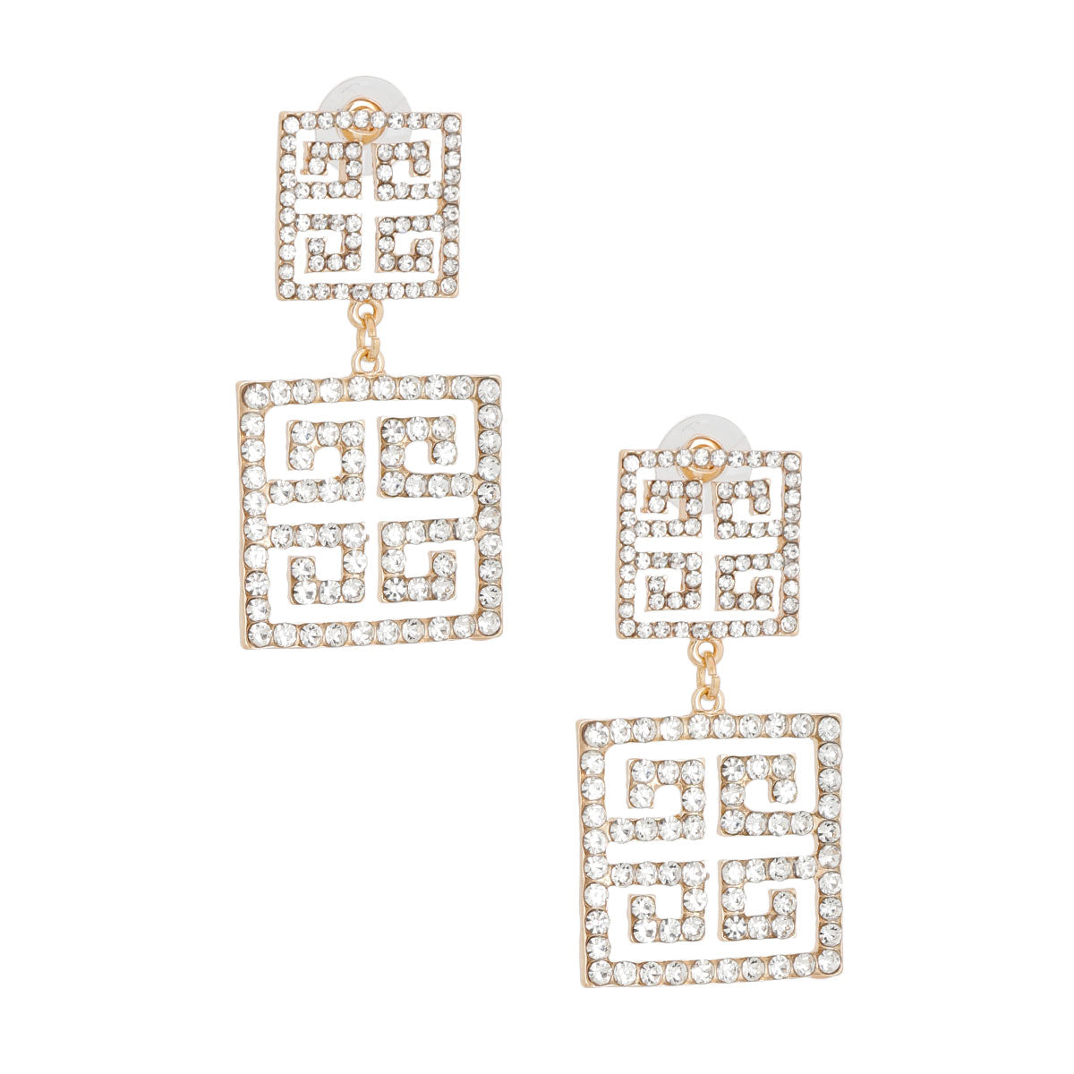 Gold Square Greek Key Dangle Earrings