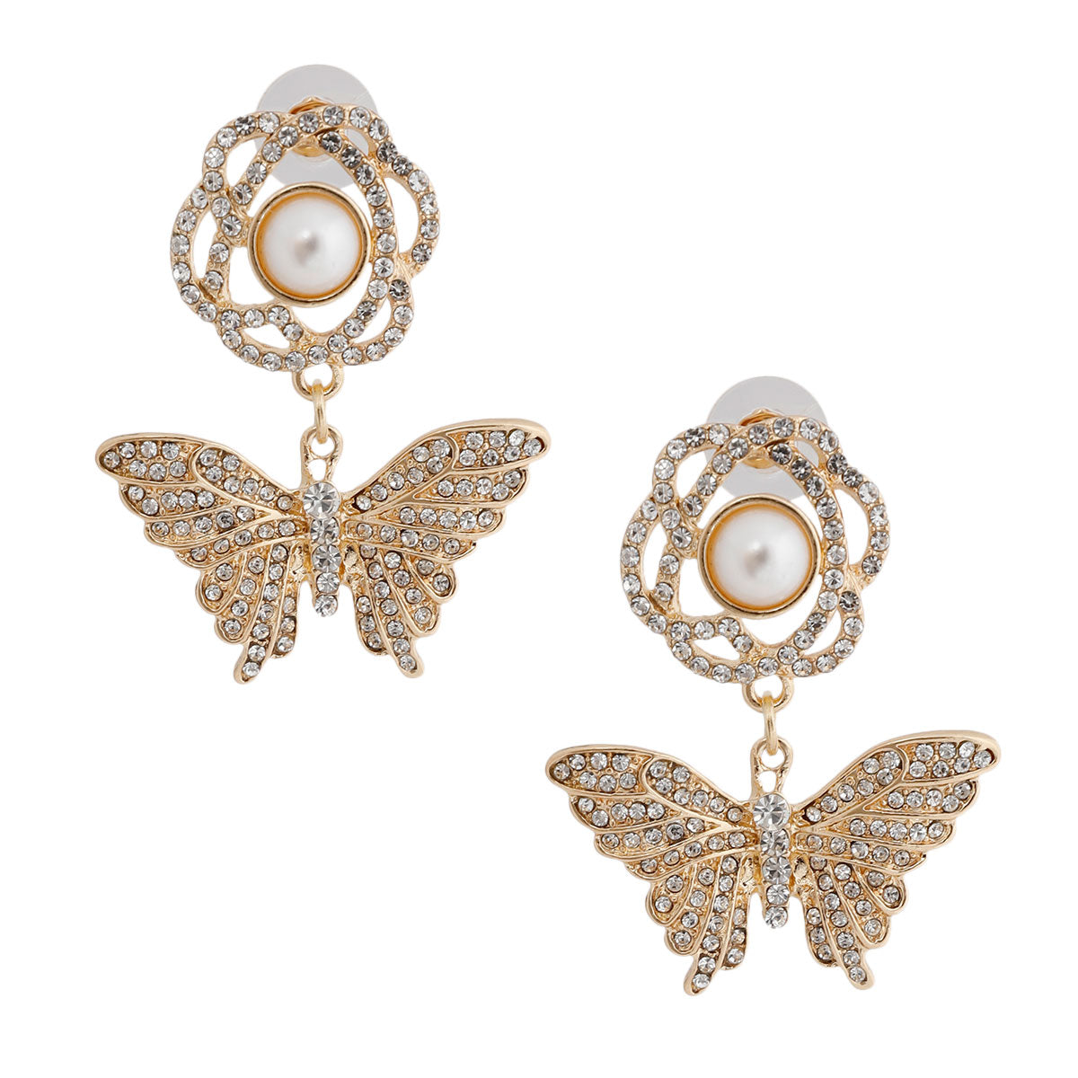 Gold Rose Butterfly Rhinestone Earrings