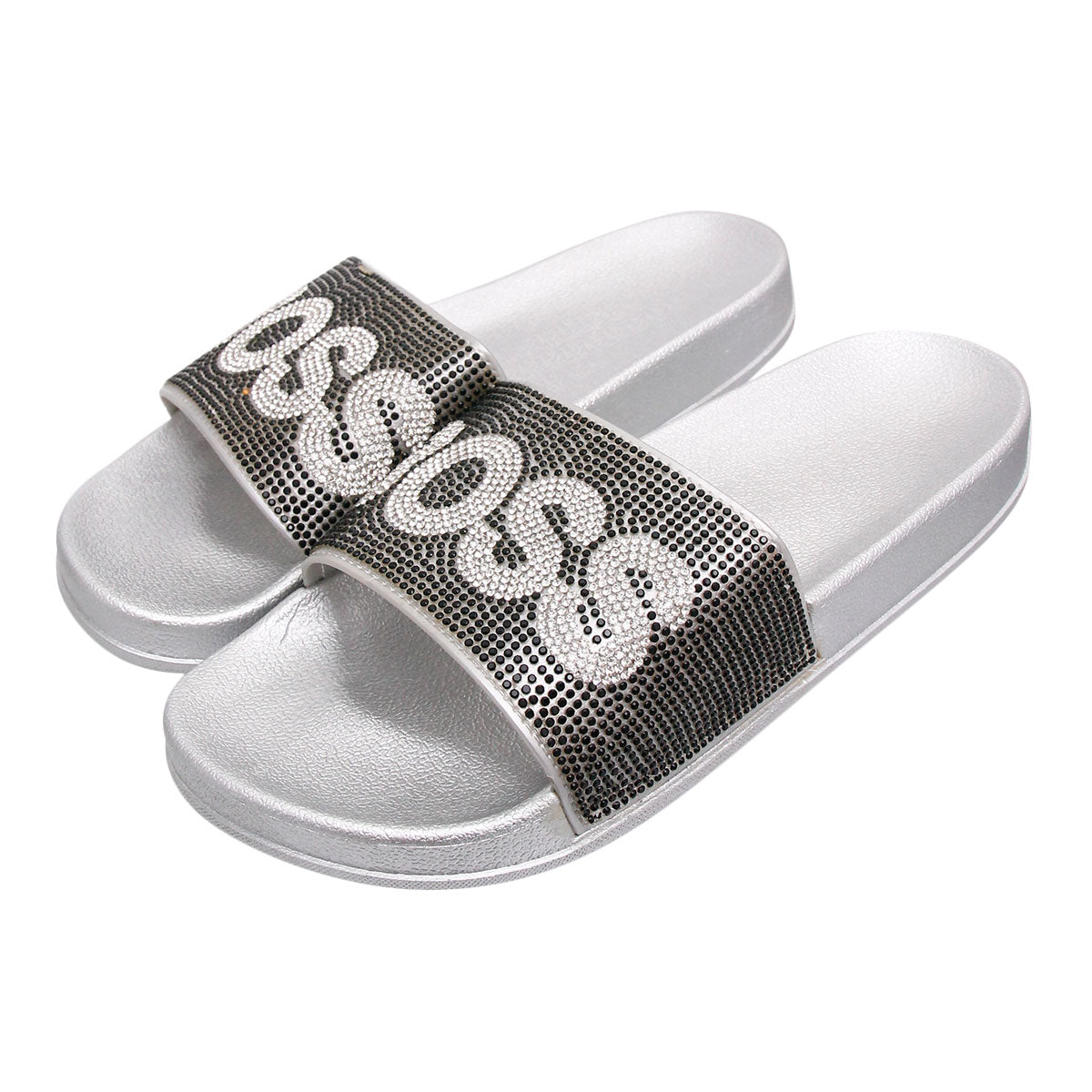 Size 12 Black BOSS Silver Slides
