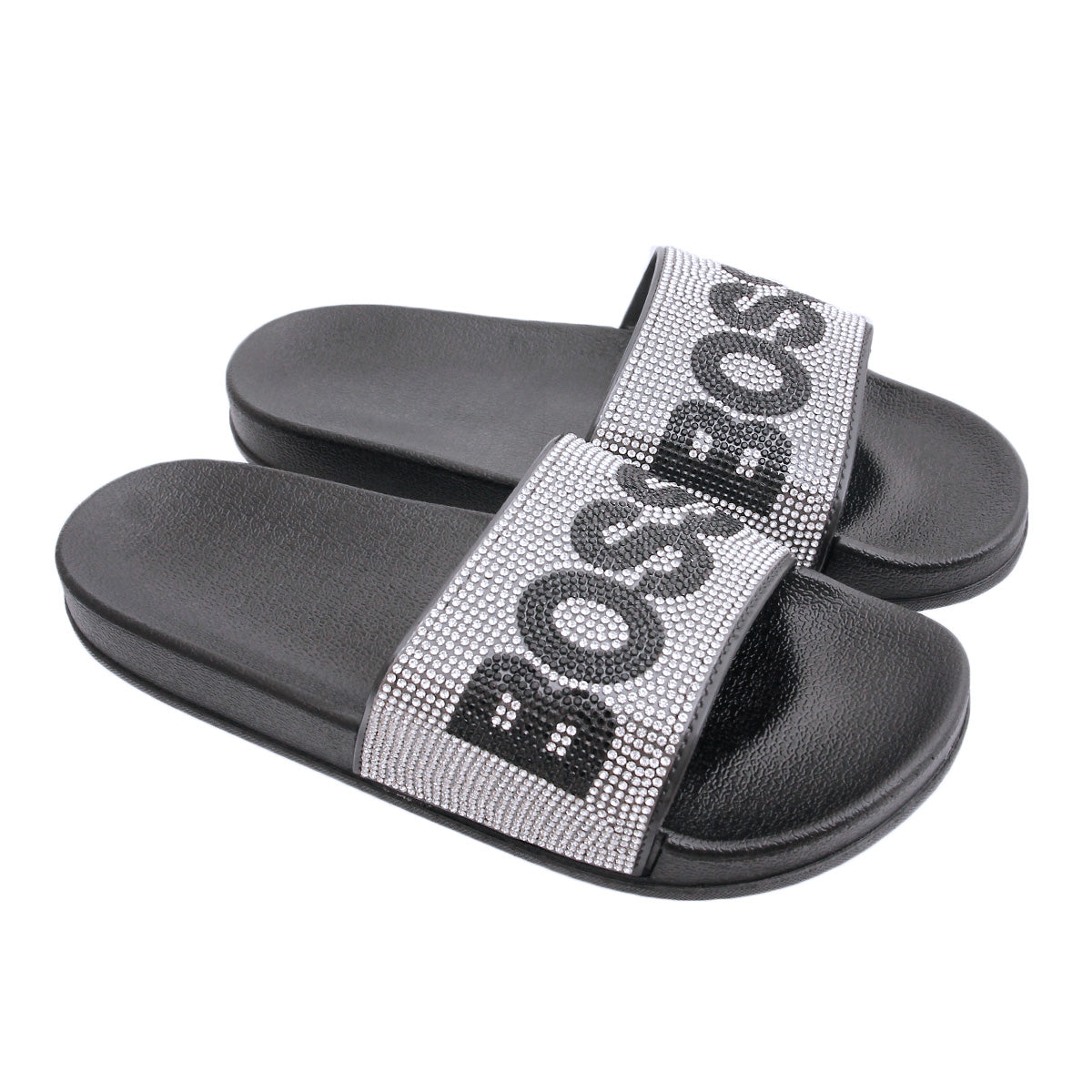Size 10 Silver BOSS Black Slides