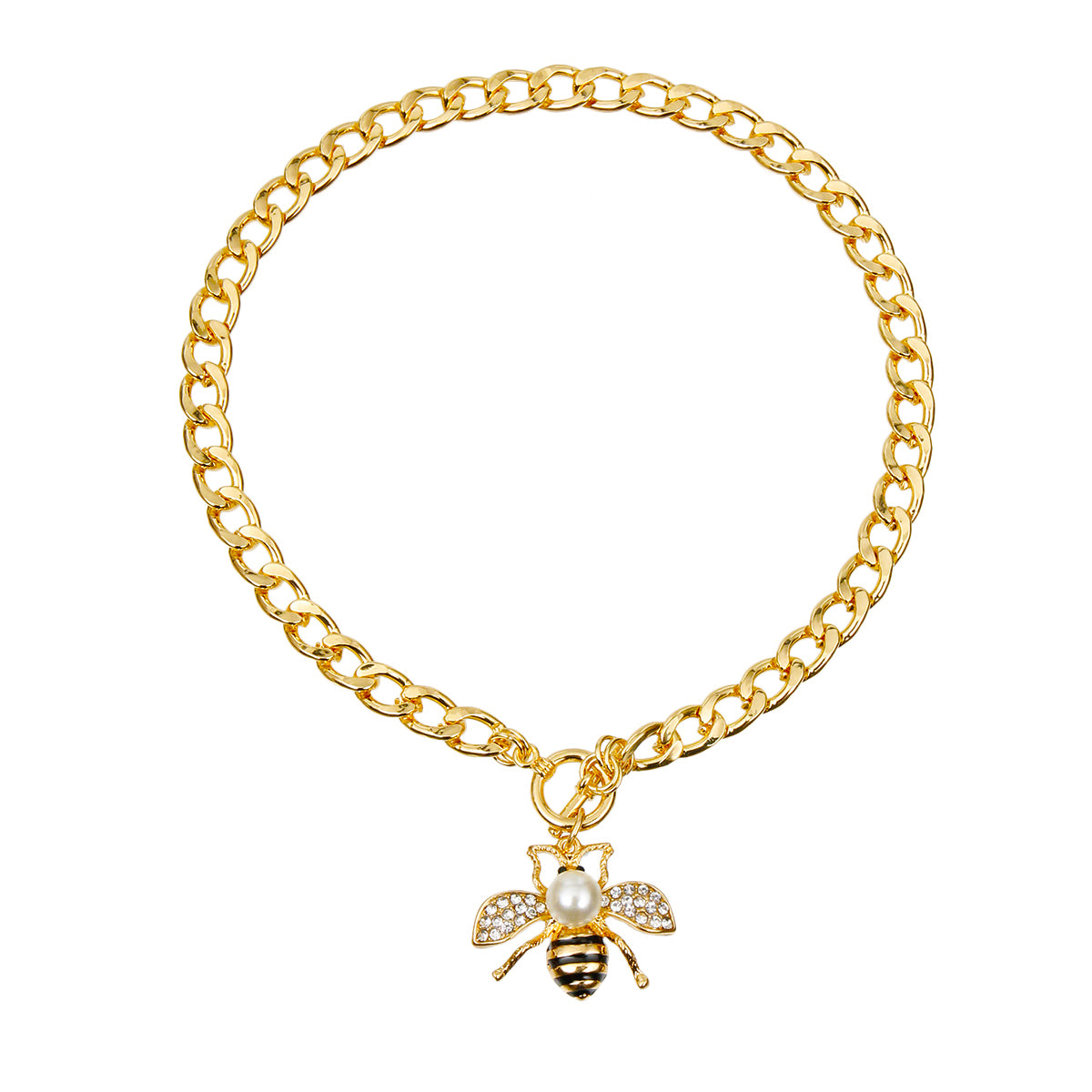 Designer Style Rhinestone Bee Toggle Necklace with Pearl Detail