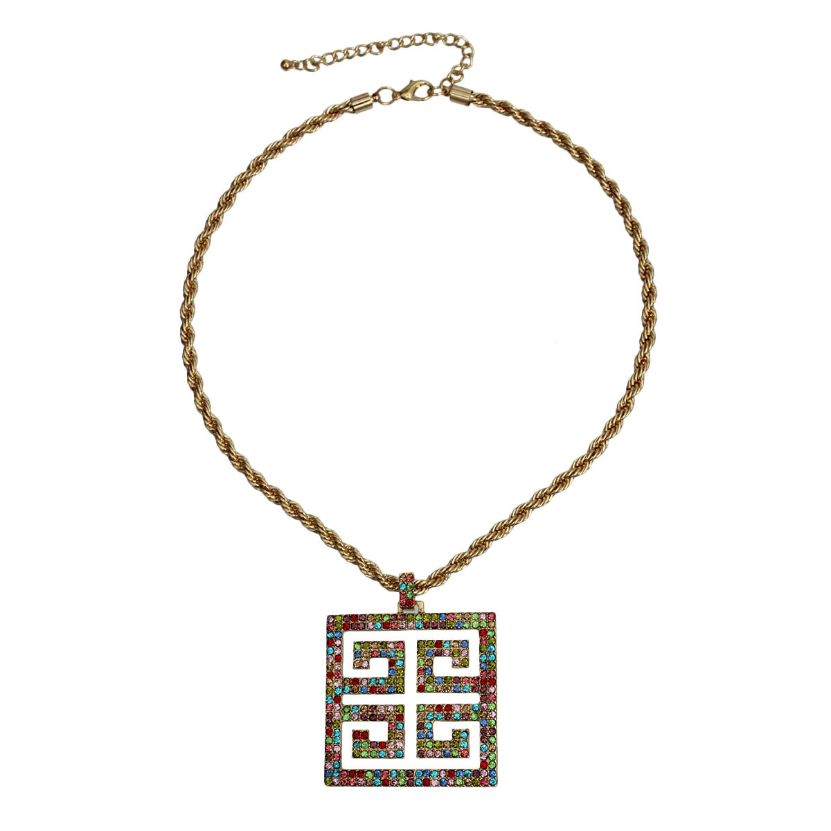 Multi Color Greek Key Pendant Necklace
