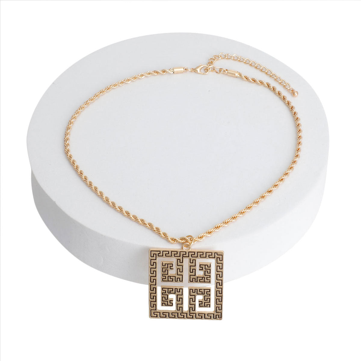 Gold Square Greek Key Pendant Necklace
