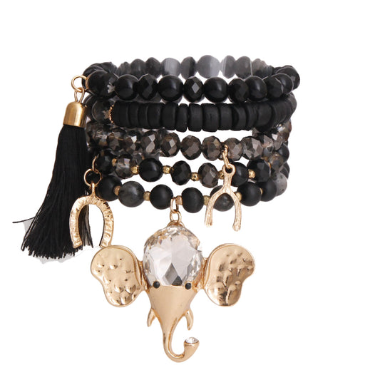 Black Bead Elephant Charm Bracelet Set