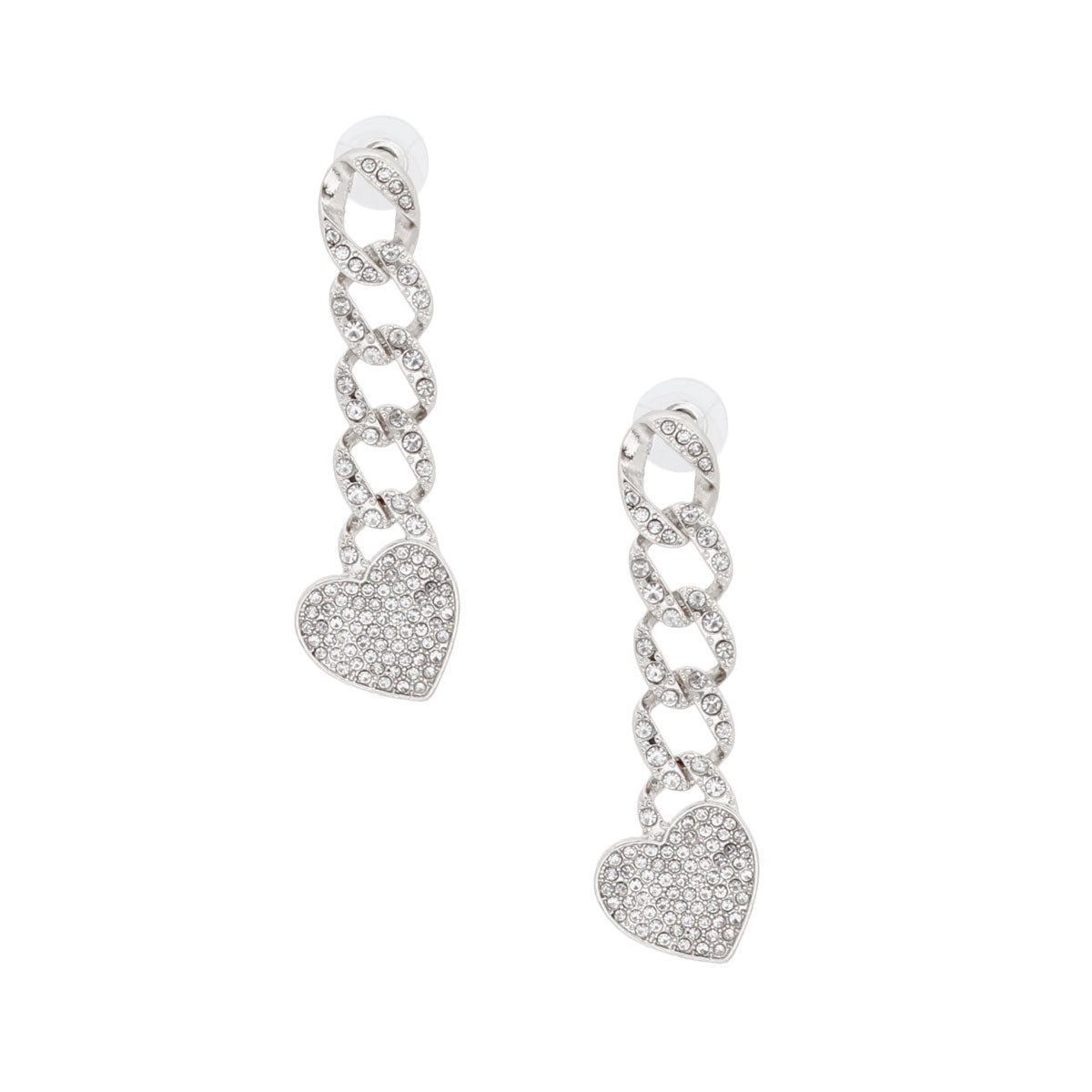 Silver Iced Chain Link Heart Earrings