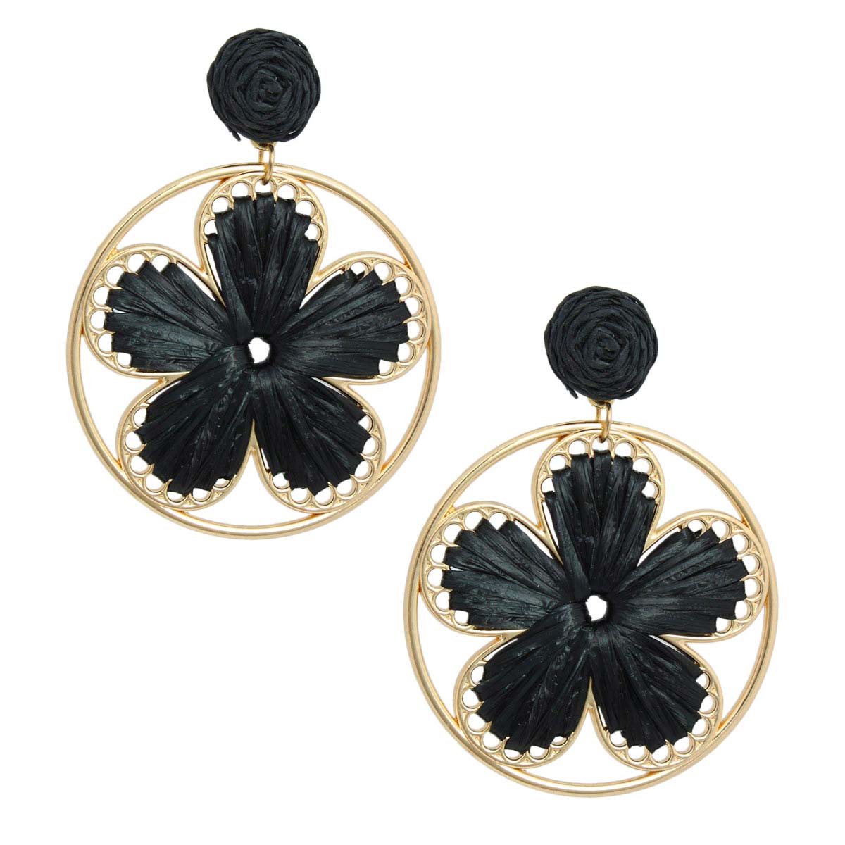 Black Raffia Flower Round Earrings