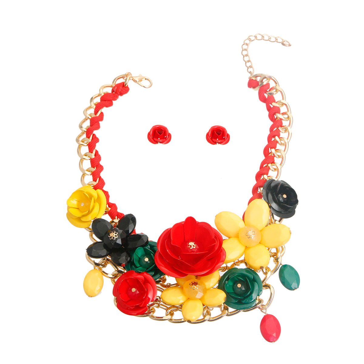 Red, Green, and Yellow Chunky Rose Necklace