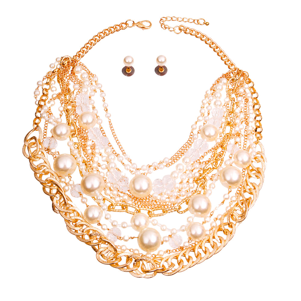Pearls, Beads, and Gold Chains Necklace Set