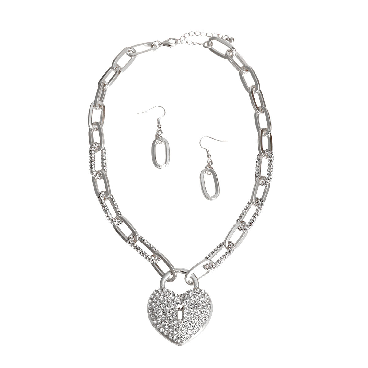 Silver Oval Link Locked Heart Necklace