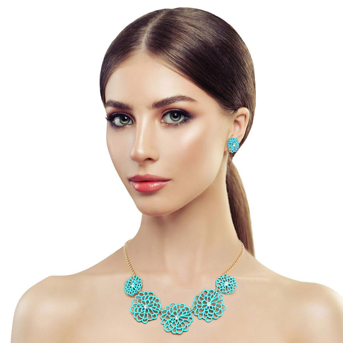 Turquoise Matte Metal Cut Out Flower Necklace