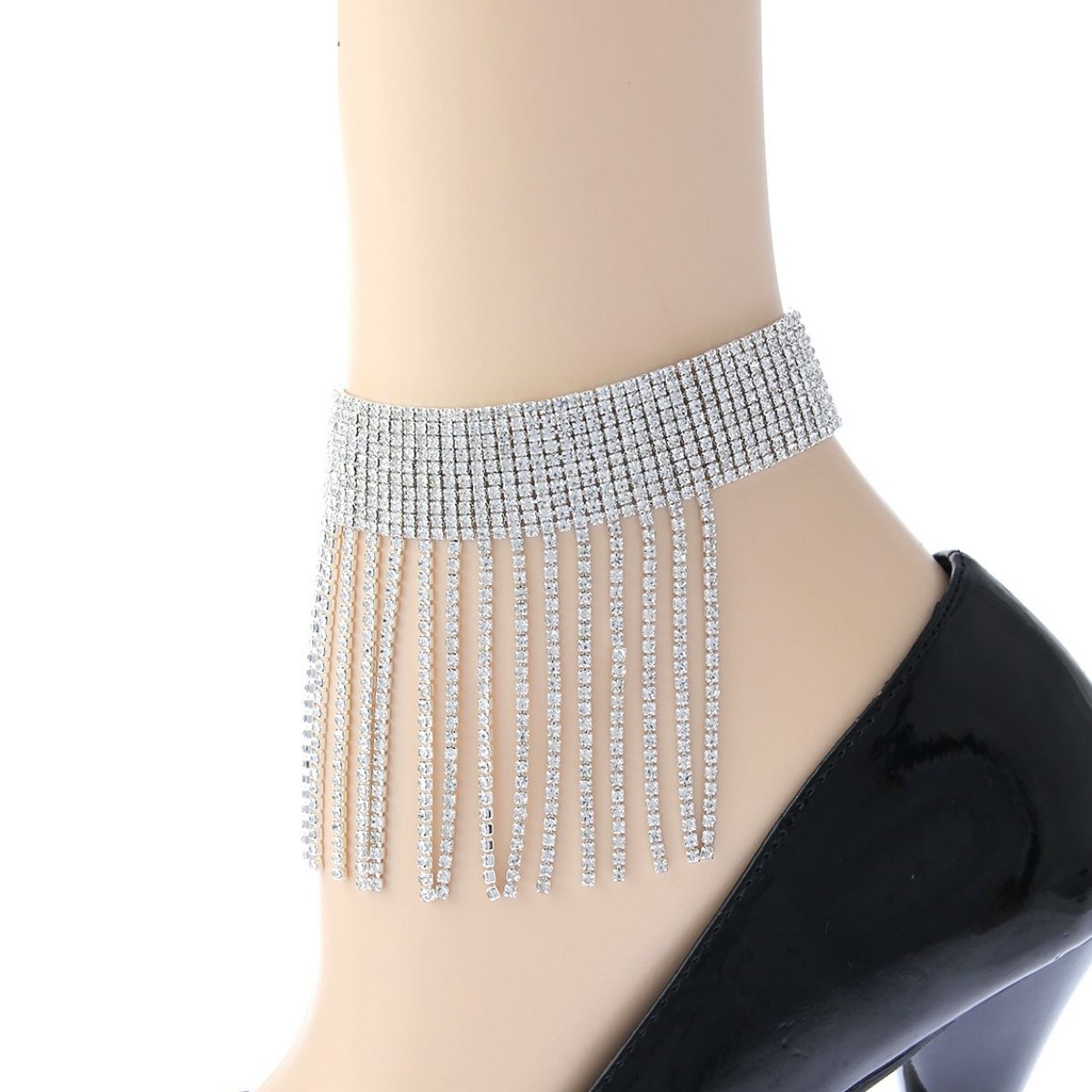 Silver Rhinestone 10 Line Fringe Anklet