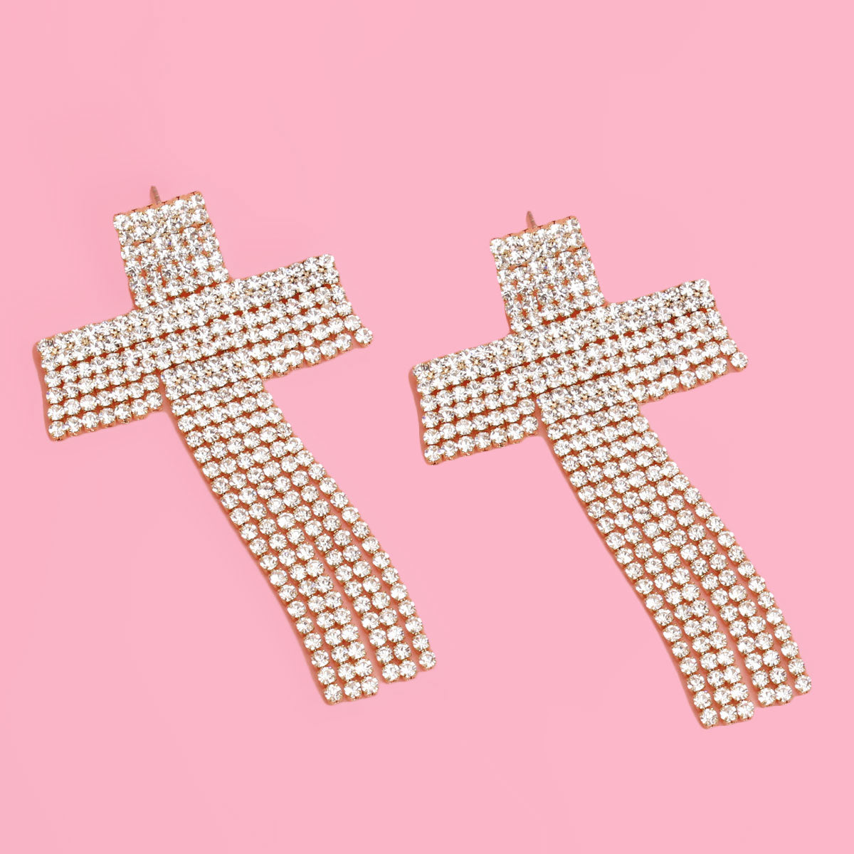 Gold Rhinestone Fringe Cross Post Earrings